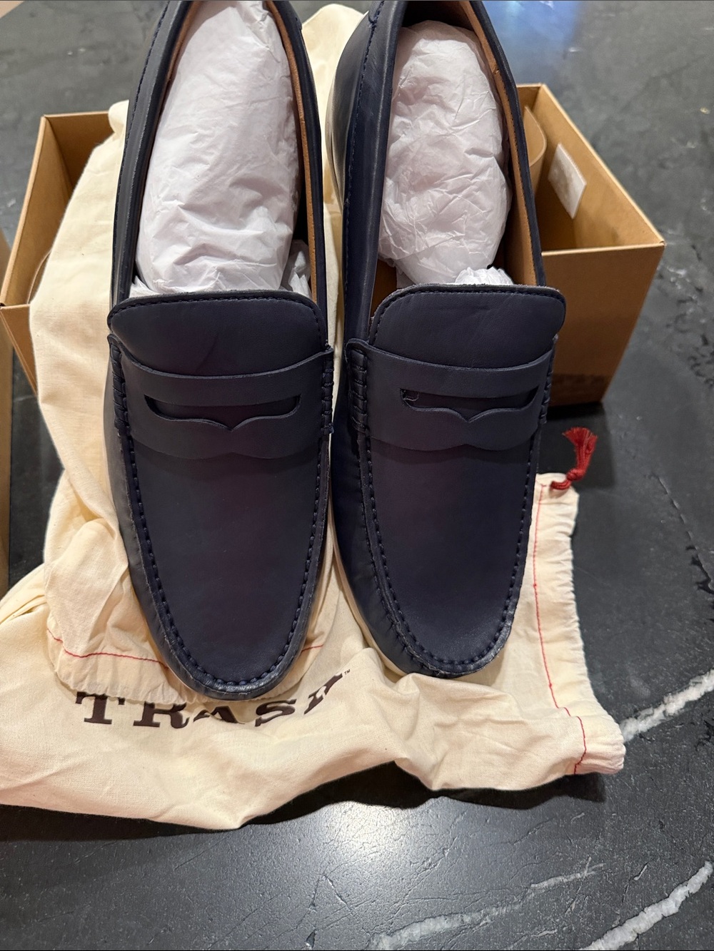 Trask Navy Leather Penny Loafers
